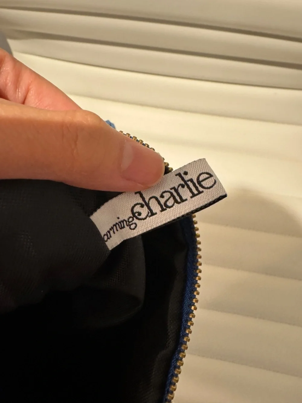 Charming Charlie Blue Canvas Makeup Bag Pouch Gold Glitter Quote Cosmetic Case